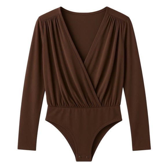 Express Tops - Express • Long-Sleeve Wrap Front Bodysuit • Chocolate Brown • Size XS